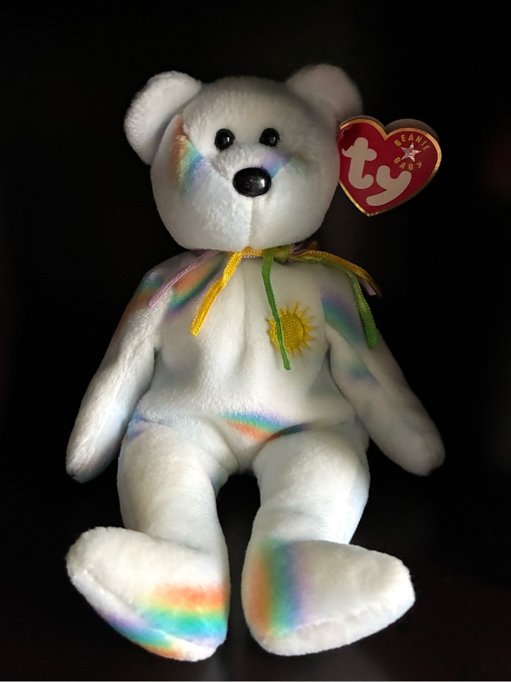 Ty “Cheery” Beanie Baby Bear with Rainbow Accents and Yellow Sun Embroidery